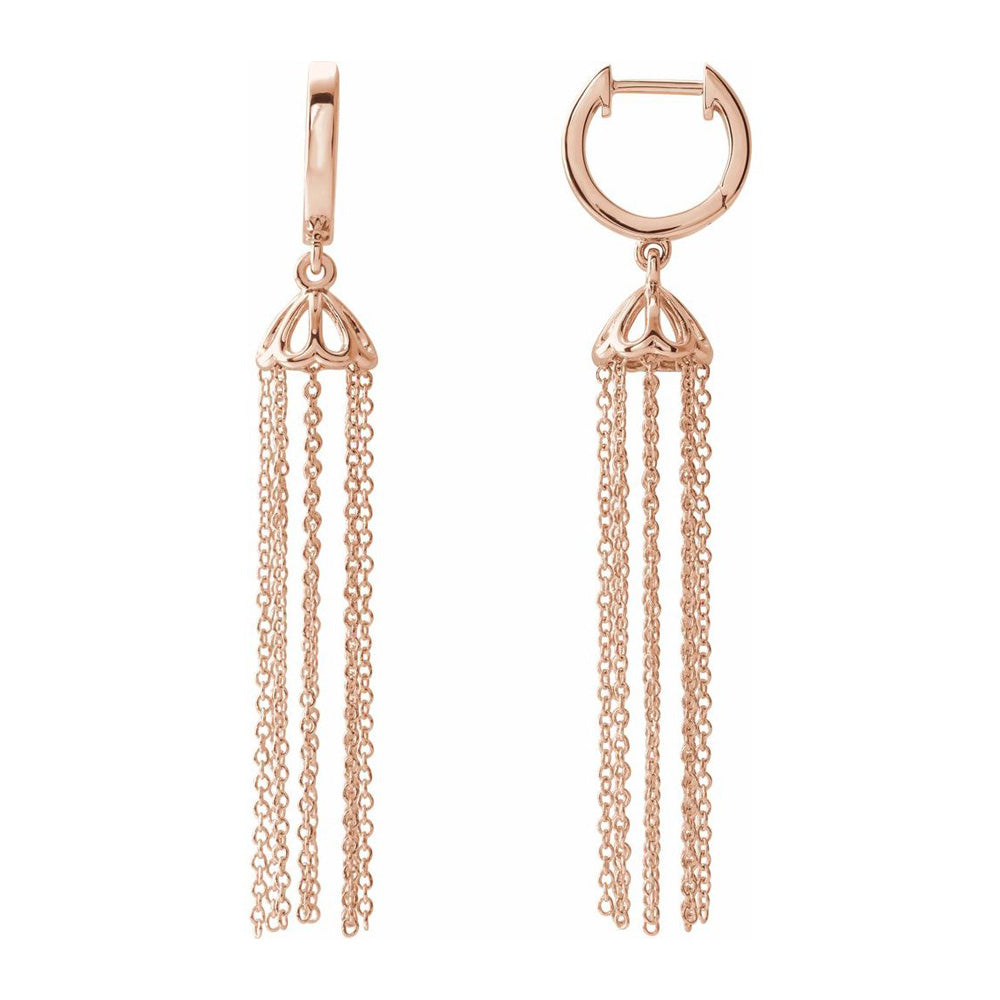 14K Yellow, White or Rose Gold Hinged Hoop Chain Tassel Earrings 53mm, Item E18517 by The Black Bow Jewelry Co.