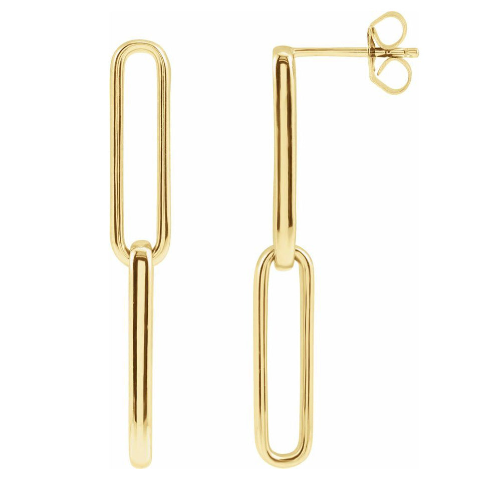 14K Yellow Gold Elongated Flat Link Dangle Post Earrings, 5 x 34mm, Item E18520 by The Black Bow Jewelry Co.