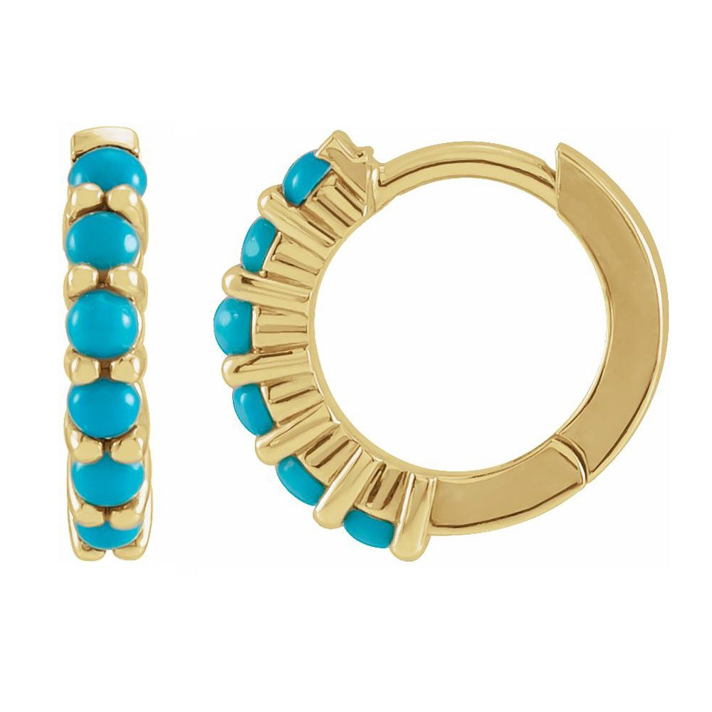 Alternate view of the 14K Yellow Gold Turquoise Hinged Huggie Hoop Earrings, 2 x 12mm by The Black Bow Jewelry Co.