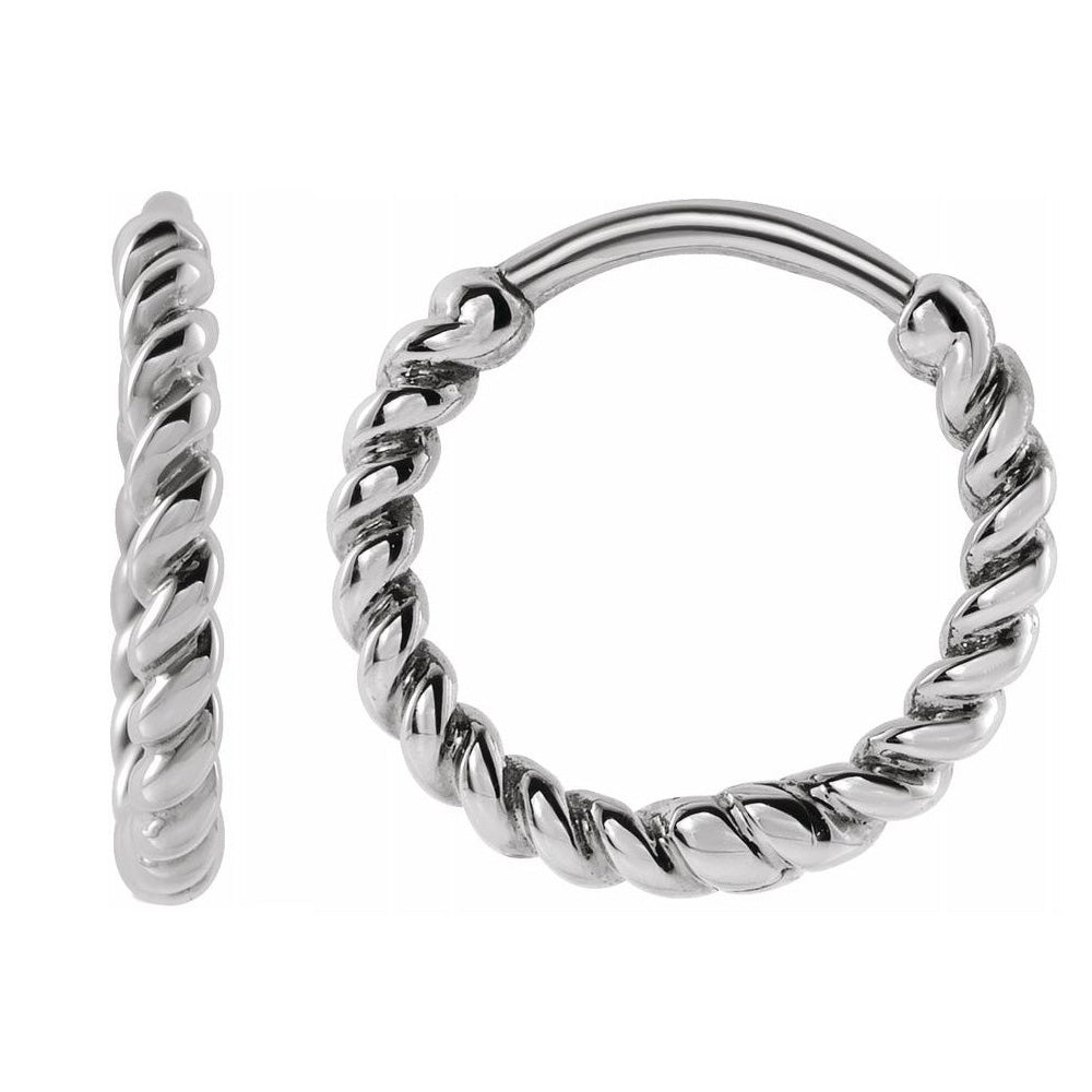 Alternate view of the 14K White Gold Twisted Rope Hinged Huggie Hoop Earrings, 1.6 x 11mm by The Black Bow Jewelry Co.