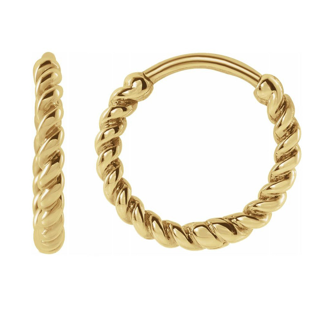 Alternate view of the 14K Yellow Gold Twisted Rope Hinged Huggie Hoop Earrings, 1.6 x 11mm by The Black Bow Jewelry Co.