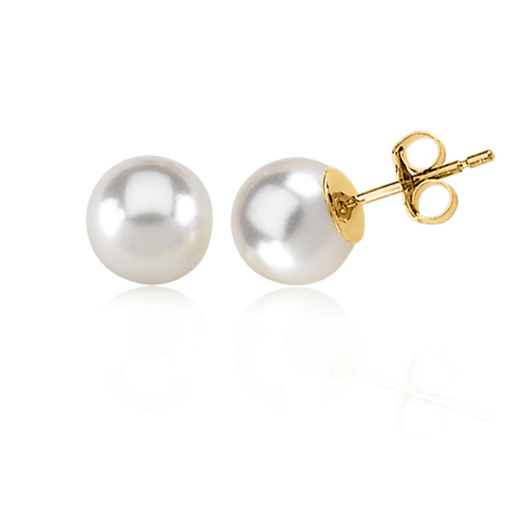 8mm White Akoya Cultured Pearl and 14k Yellow Gold Stud Earrings, Item E8311-8 by The Black Bow Jewelry Co.