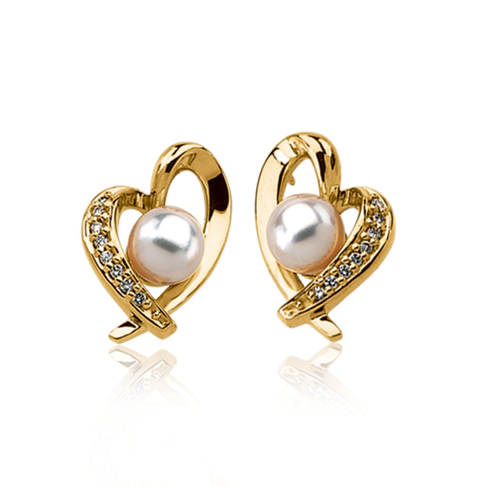 Akoya Cultured Pearl, 1/6 Ctw Diamond &amp; 14k Yellow Gold Heart Earrings, Item E8326 by The Black Bow Jewelry Co.