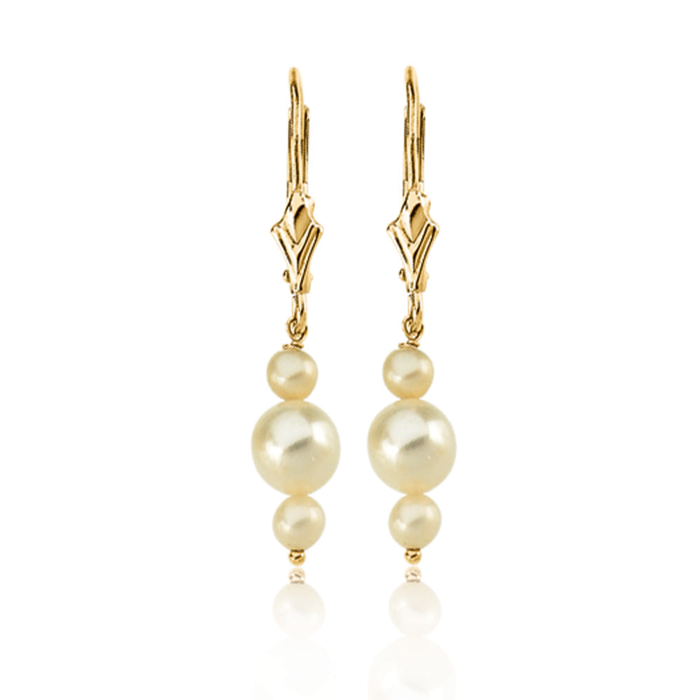 14k Yellow Gold Triple White Cultured Pearl Earrings, 30mm, Item E8345 by The Black Bow Jewelry Co.