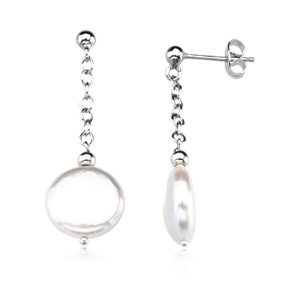 12-13mm White Freshwater Cultured Coin Pearl Sterling Silver Earrings, Item E8421 by The Black Bow Jewelry Co.