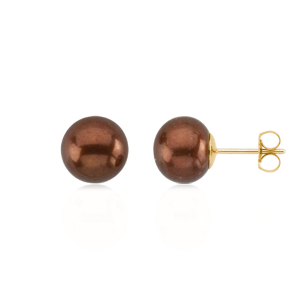 9-9.5mm Brown FW Cultured Pearl &amp; 14k Yellow Gold Stud Earrings, Item E8425 by The Black Bow Jewelry Co.
