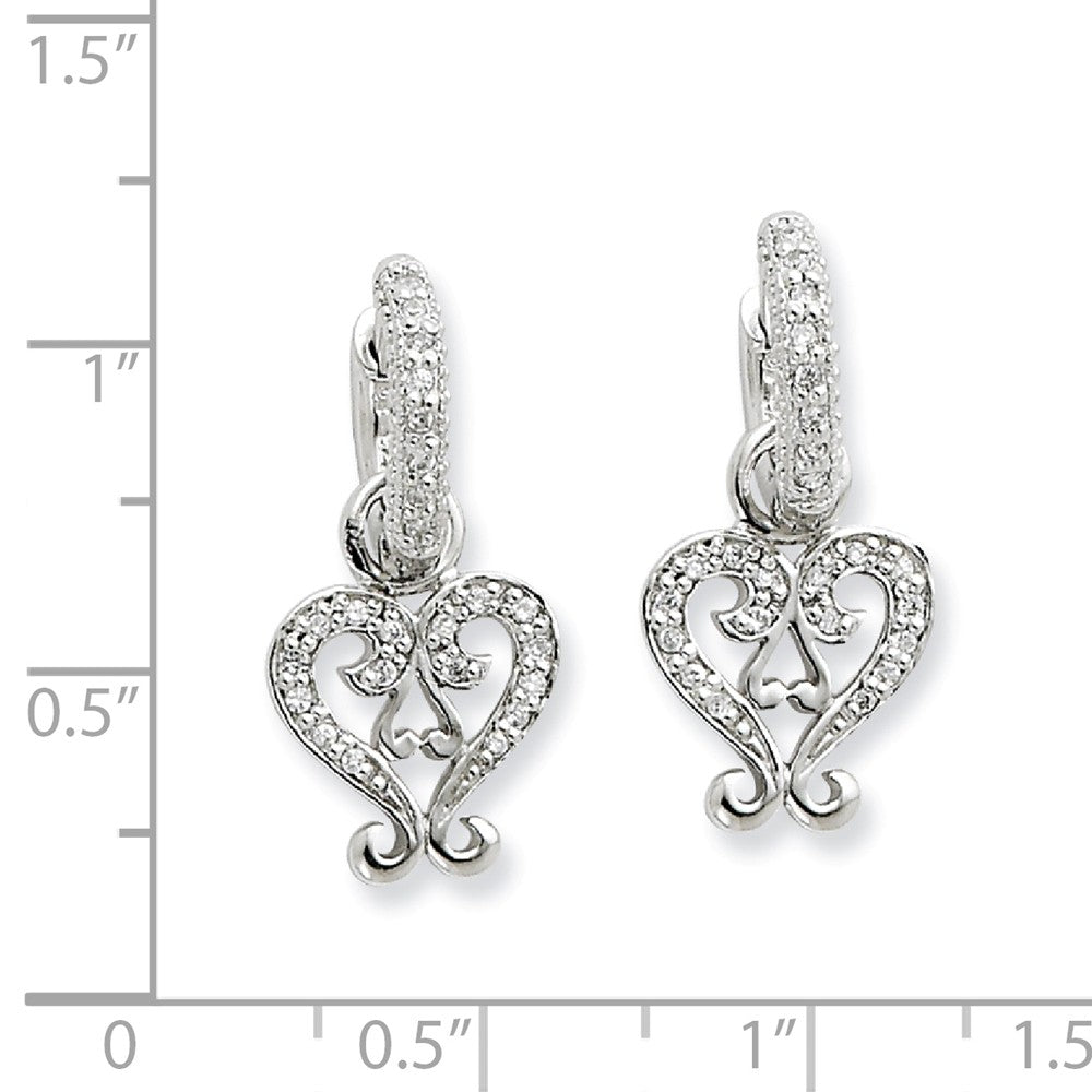 Alternate view of the Rhodium Sterling Silver &amp; CZ Heart, Hinged Hoop Earrings, 12 x 25mm by The Black Bow Jewelry Co.