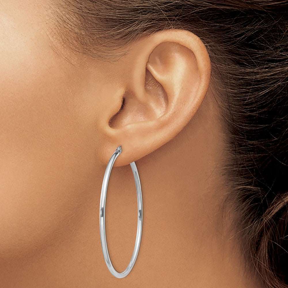 Alternate view of the 2mm, Sterling Silver, Classic Round Hoop Earrings - 50mm (1 7/8 Inch) by The Black Bow Jewelry Co.