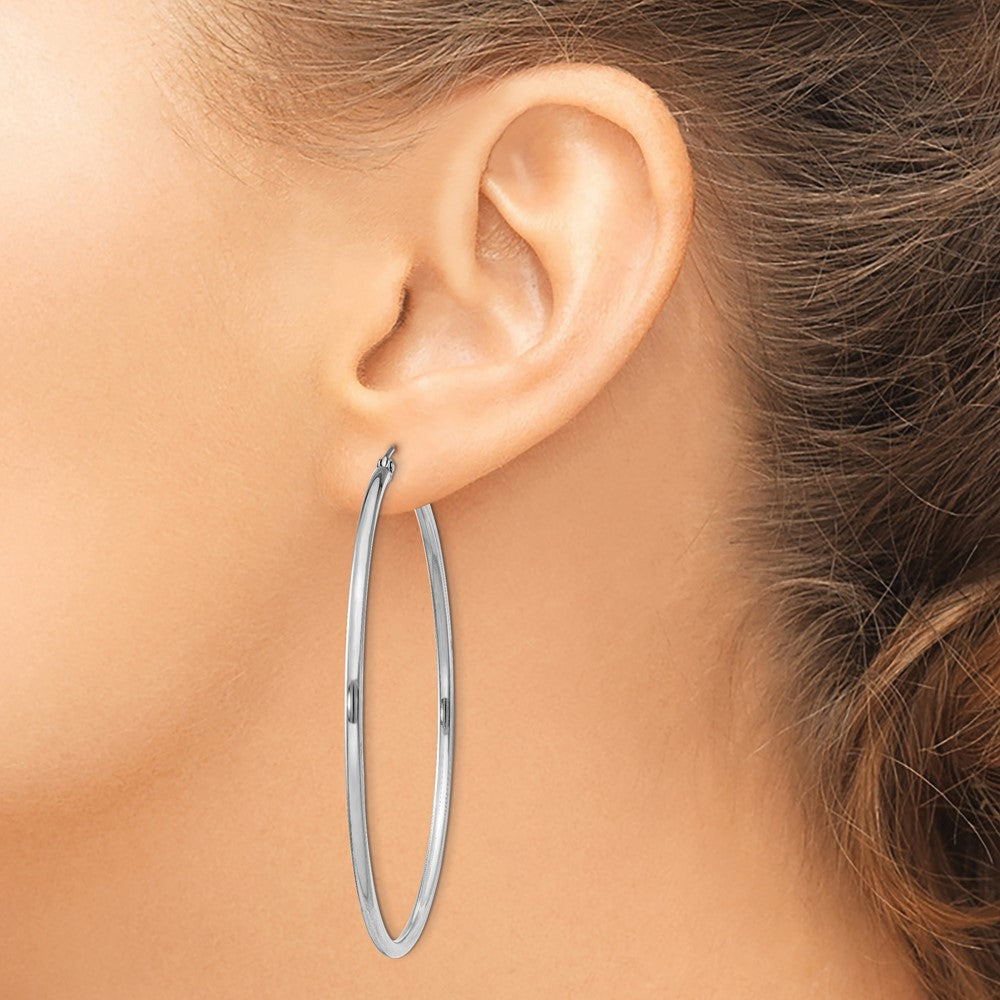 Alternate view of the 2mm, Sterling Silver, Classic Round Hoop Earrings - 55mm (2 1/8 Inch) by The Black Bow Jewelry Co.