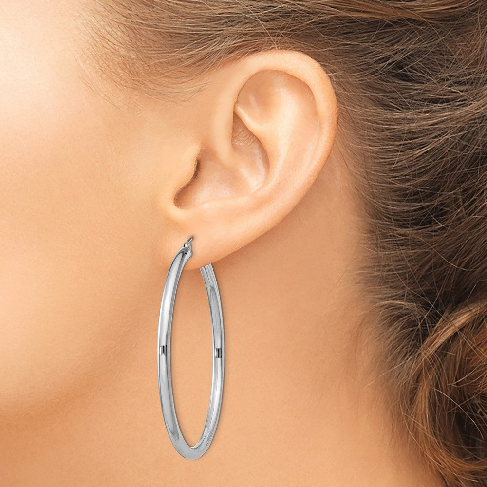 Alternate view of the 3mm, Sterling Silver, Classic Round Hoop Earrings - 52mm (2 Inch) by The Black Bow Jewelry Co.