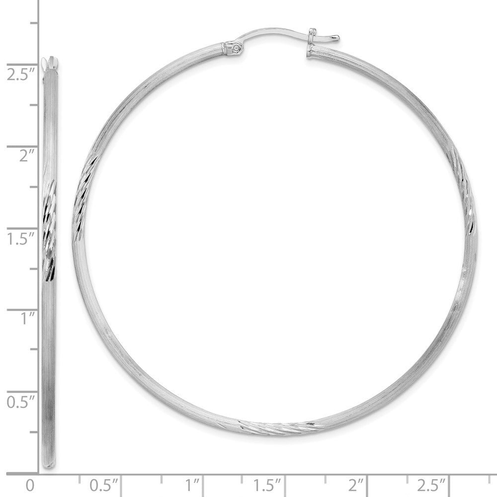 Alternate view of the 2mm, Satin, Diamond Cut, XL Sterling Silver Hoops - 60mm (2 3/8 Inch) by The Black Bow Jewelry Co.
