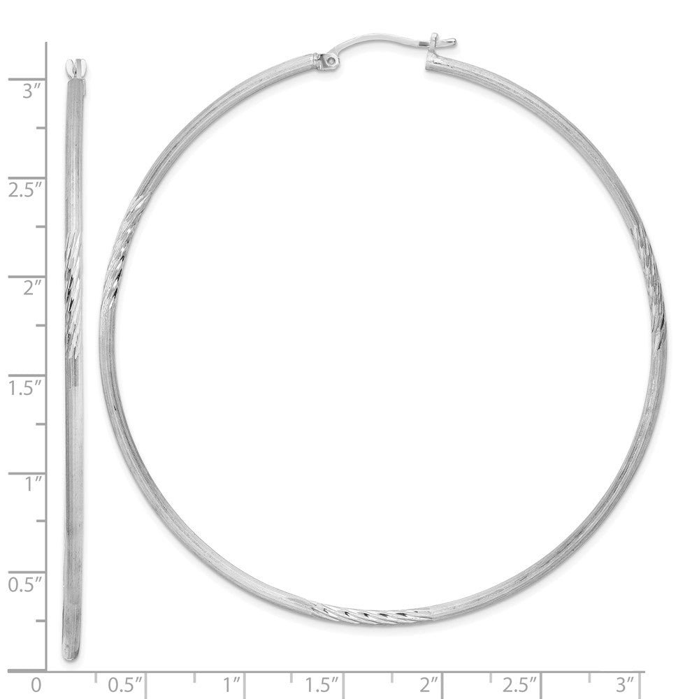 Alternate view of the 2mm, Satin, Diamond Cut, XL Sterling Silver Hoops - 70mm (2 3/4 Inch) by The Black Bow Jewelry Co.