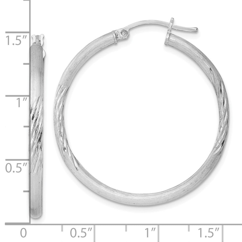 Alternate view of the 2.5mm, Satin, Diamond Cut Sterling Silver Hoops - 35mm (1 3/8 Inch) by The Black Bow Jewelry Co.