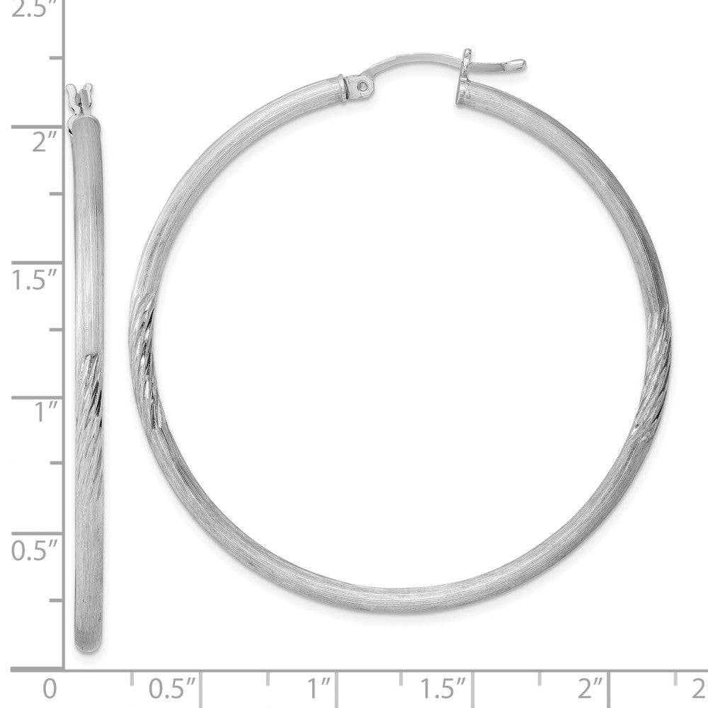 Alternate view of the 2.5mm, Satin, Diamond Cut Sterling Silver Hoops - 50mm (1 7/8 Inch) by The Black Bow Jewelry Co.