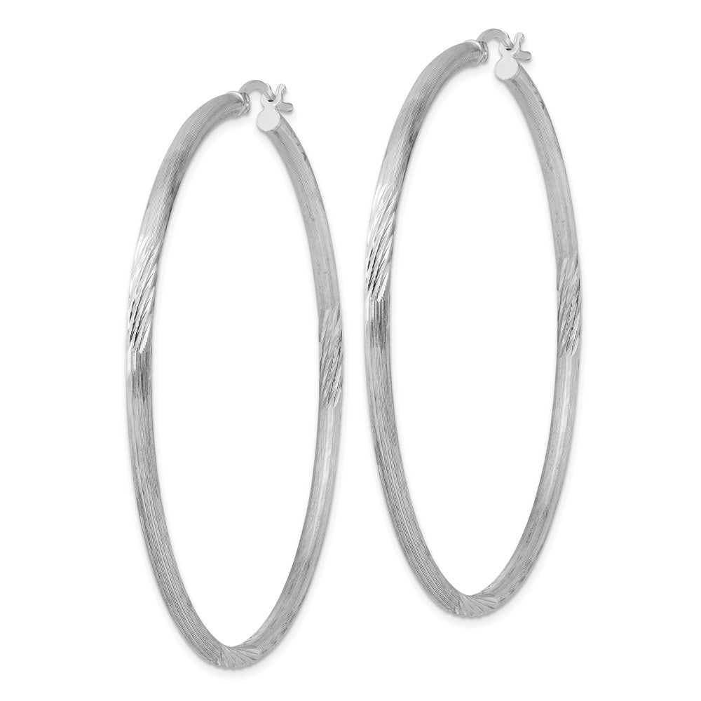 Alternate view of the 2.5mm, Satin, Diamond Cut, XL Sterling Silver Hoops, 60mm (2 3/8 Inch) by The Black Bow Jewelry Co.