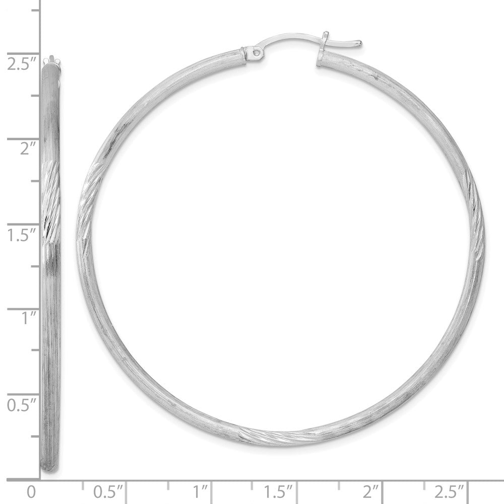 Alternate view of the 2.5mm, Satin, Diamond Cut, XL Sterling Silver Hoops, 60mm (2 3/8 Inch) by The Black Bow Jewelry Co.