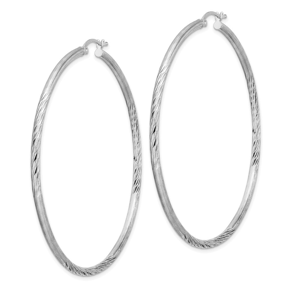 Alternate view of the 2.5mm, Satin, Diamond Cut, XL Sterling Silver Hoops, 65mm (2 1/2 Inch) by The Black Bow Jewelry Co.