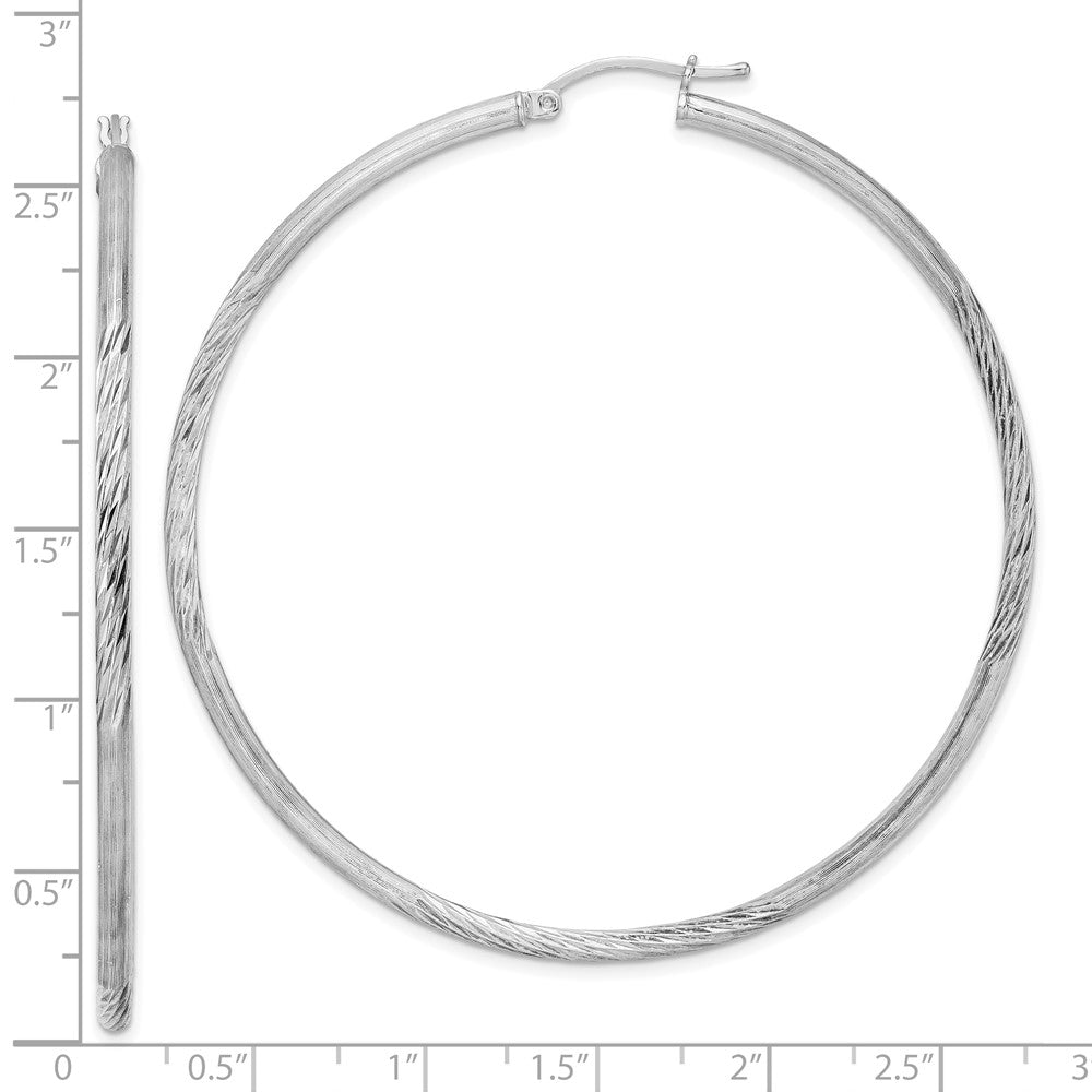 Alternate view of the 2.5mm, Satin, Diamond Cut, XL Sterling Silver Hoops, 65mm (2 1/2 Inch) by The Black Bow Jewelry Co.