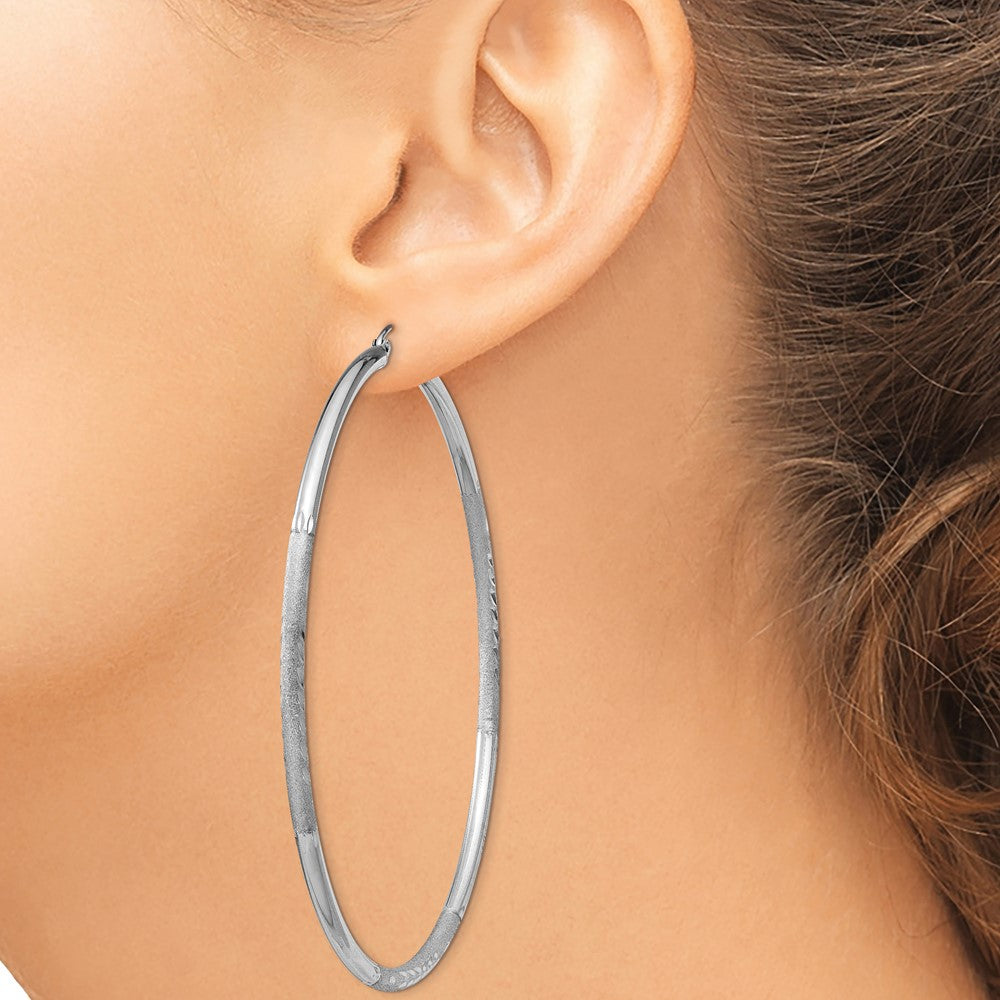 Alternate view of the 2.5mm, Satin, Diamond Cut, XL Sterling Silver Hoops, 70mm (2 3/4 Inch) by The Black Bow Jewelry Co.