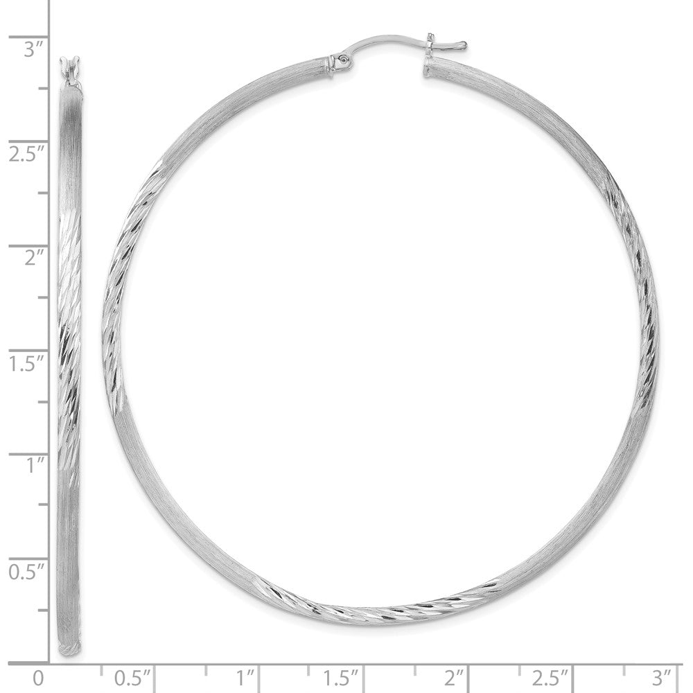 Alternate view of the 2.5mm, Satin, Diamond Cut, XL Sterling Silver Hoops, 70mm (2 3/4 Inch) by The Black Bow Jewelry Co.