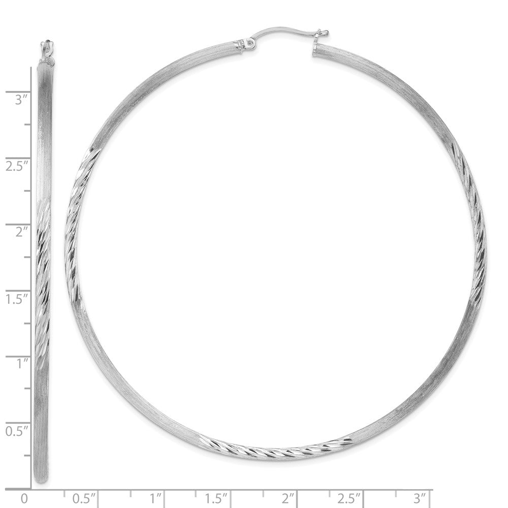 Alternate view of the 2.5mm, Satin, Diamond Cut, XL Sterling Silver Hoops, 80mm (3 1/8 Inch) by The Black Bow Jewelry Co.
