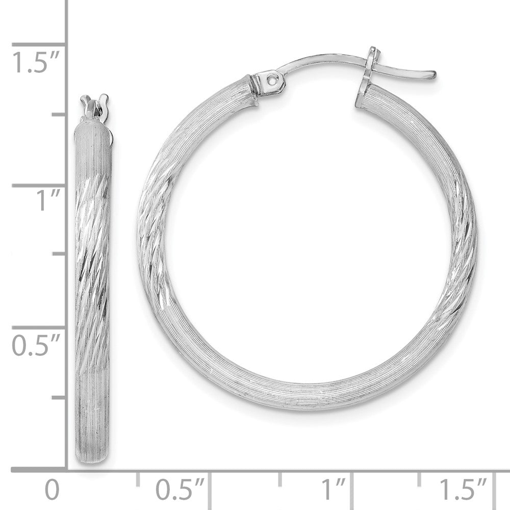 Alternate view of the 3mm, Satin, Diamond Cut Sterling Silver Hoops - 30mm (1 1/8 Inch) by The Black Bow Jewelry Co.