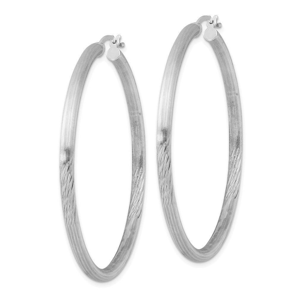 Alternate view of the 3mm, Satin, Diamond Cut Sterling Silver Hoops - 50mm (1 7/8 Inch) by The Black Bow Jewelry Co.