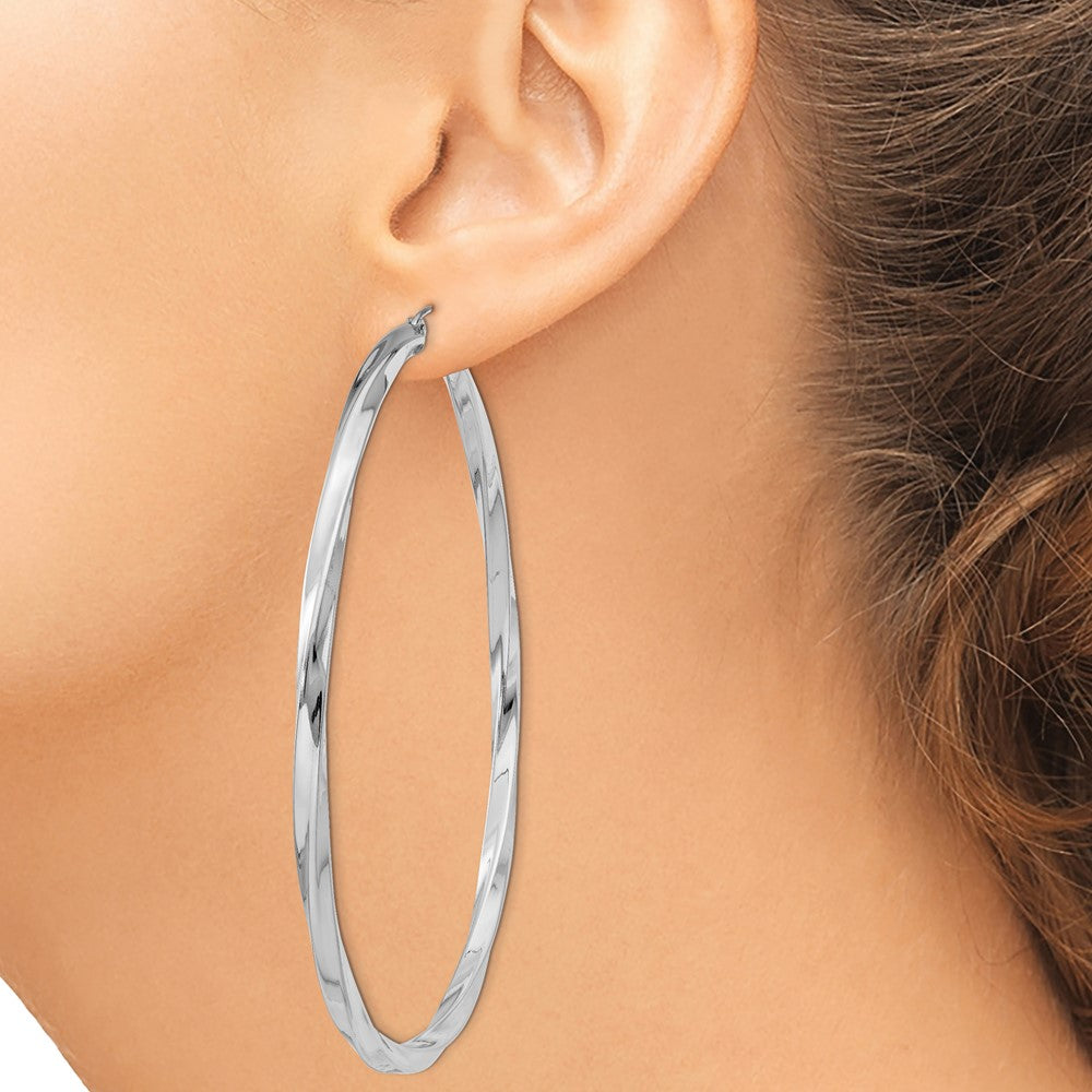 Alternate view of the 3mm, Sterling Silver, Twisted Round Hoop Earrings, 70mm Dia.(2 3/4 In) by The Black Bow Jewelry Co.