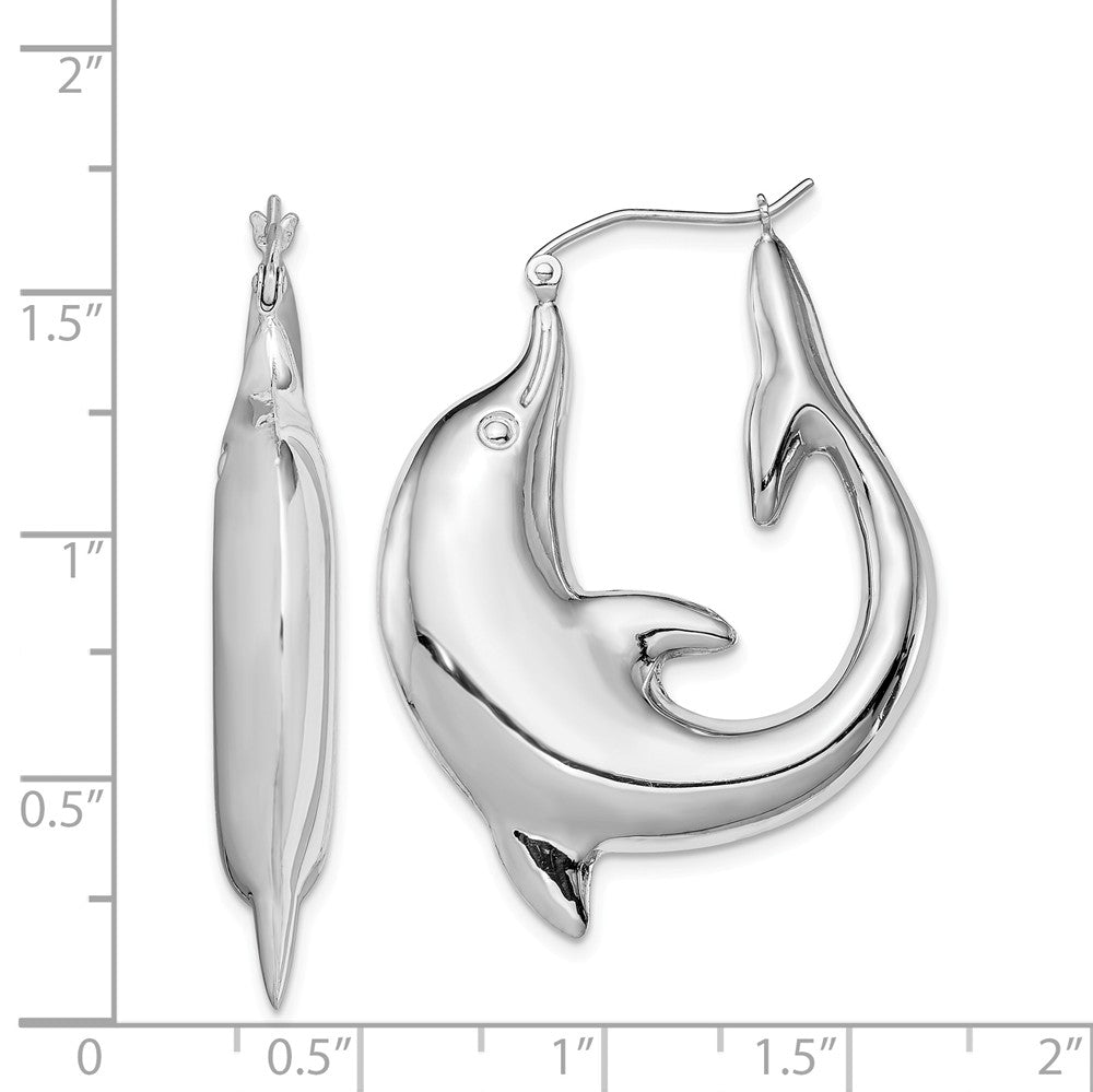Alternate view of the Dolphin Hoop Earrings in Sterling Silver - 42mm (1-5/8 in) by The Black Bow Jewelry Co.