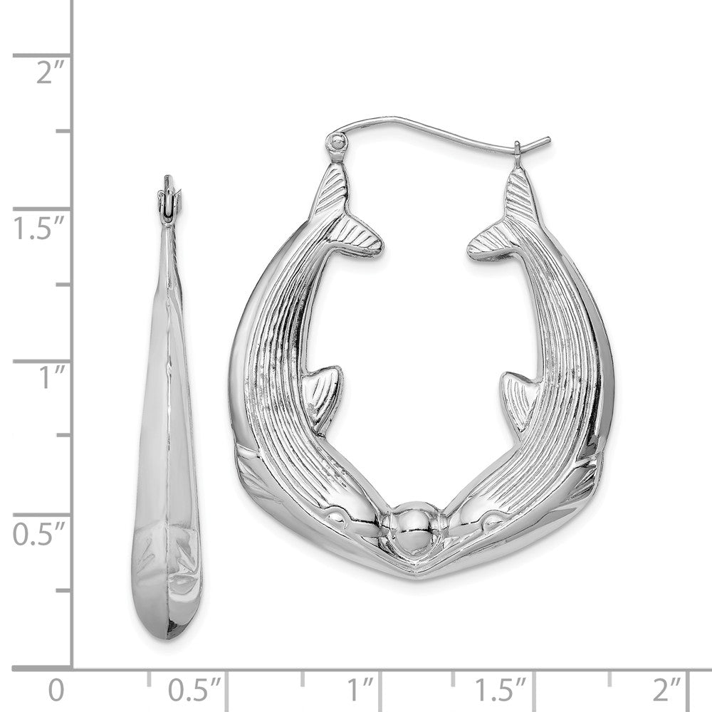 Alternate view of the Kissing Dolphin Hoop Earrings in Sterling Silver - 40mm (1-1/2 in) by The Black Bow Jewelry Co.