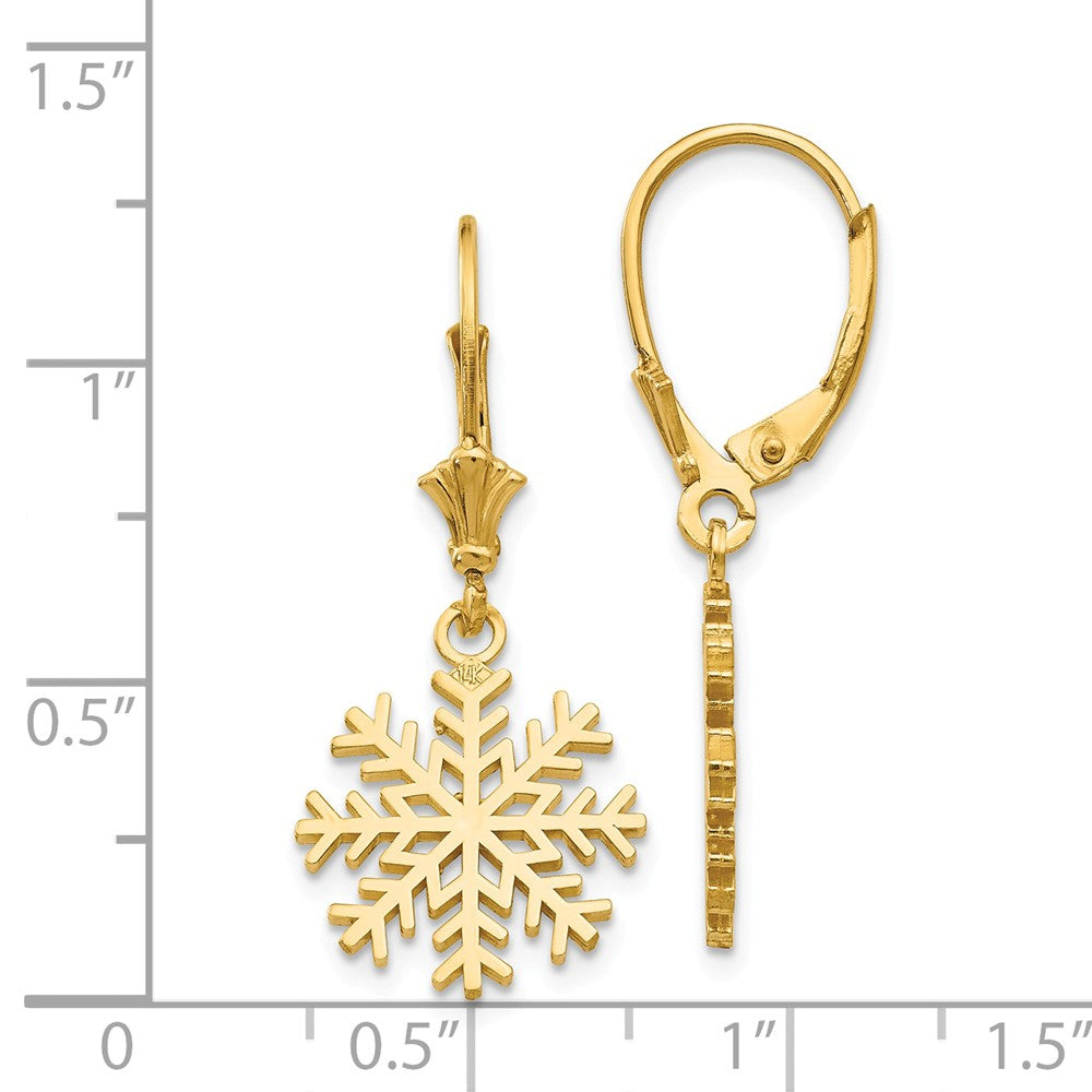 Alternate view of the 14k Yellow Gold Snowflake Leverback Earrings by The Black Bow Jewelry Co.