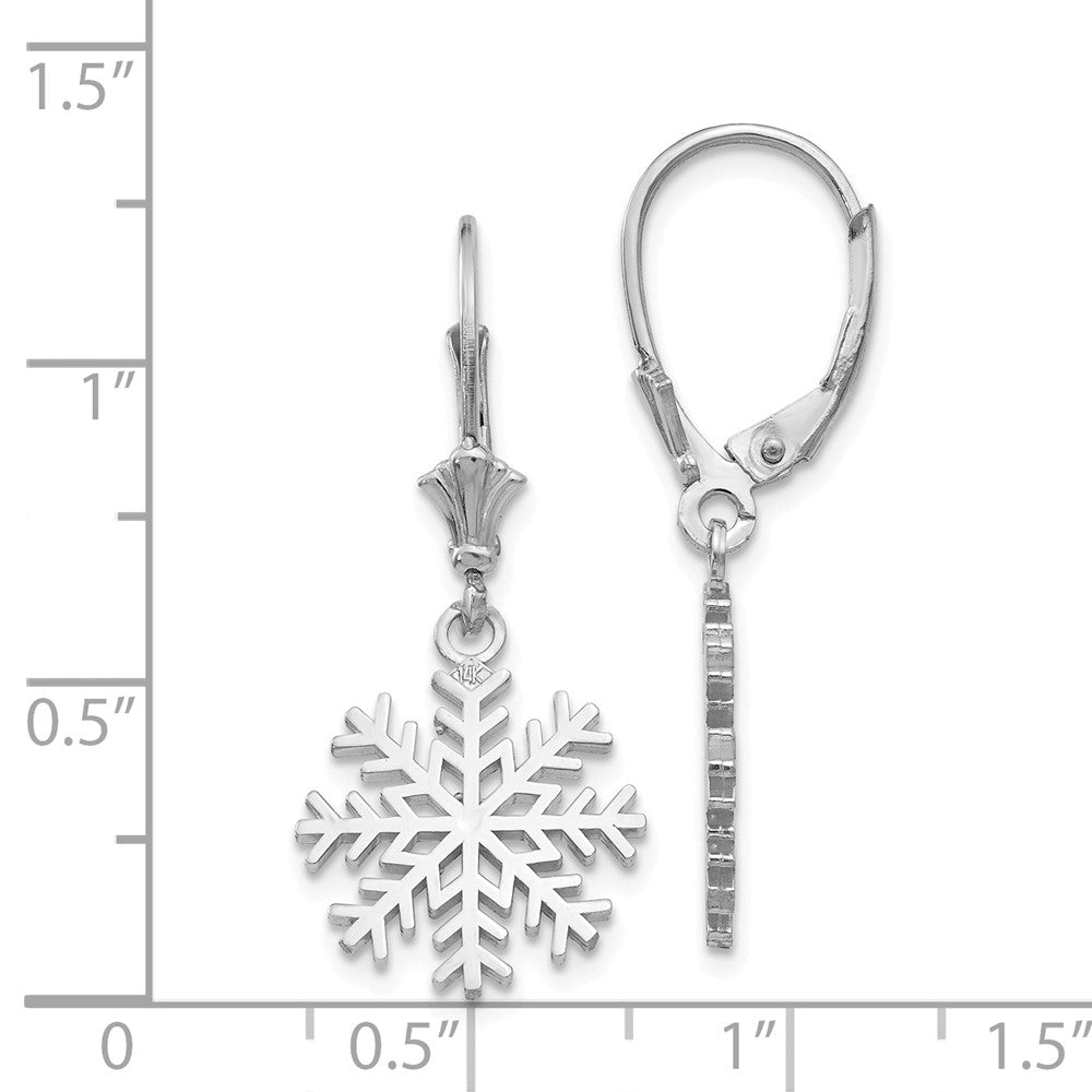 Alternate view of the 14k White Gold 3-D Snowflake Leverback Earrings by The Black Bow Jewelry Co.
