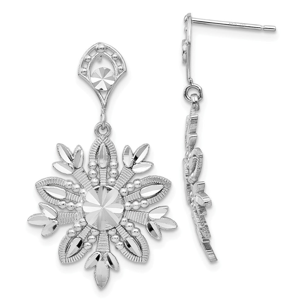 14k White Gold Snowflake Dangle Earrings, Item E9116 by The Black Bow Jewelry Co.