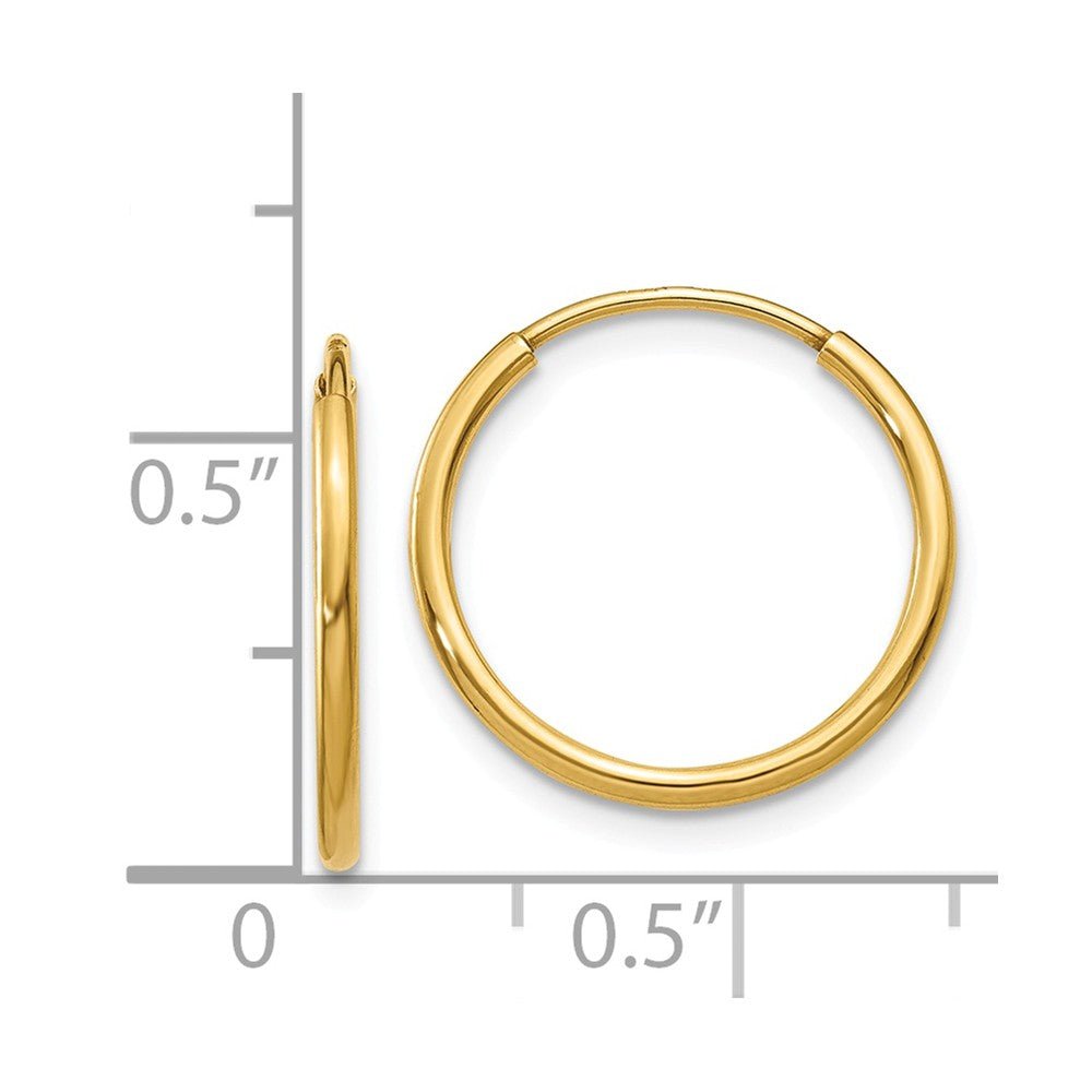 Alternate view of the 1.25mm, 14k Yellow Gold Endless Hoop Earrings, 15mm (9/16 Inch) by The Black Bow Jewelry Co.