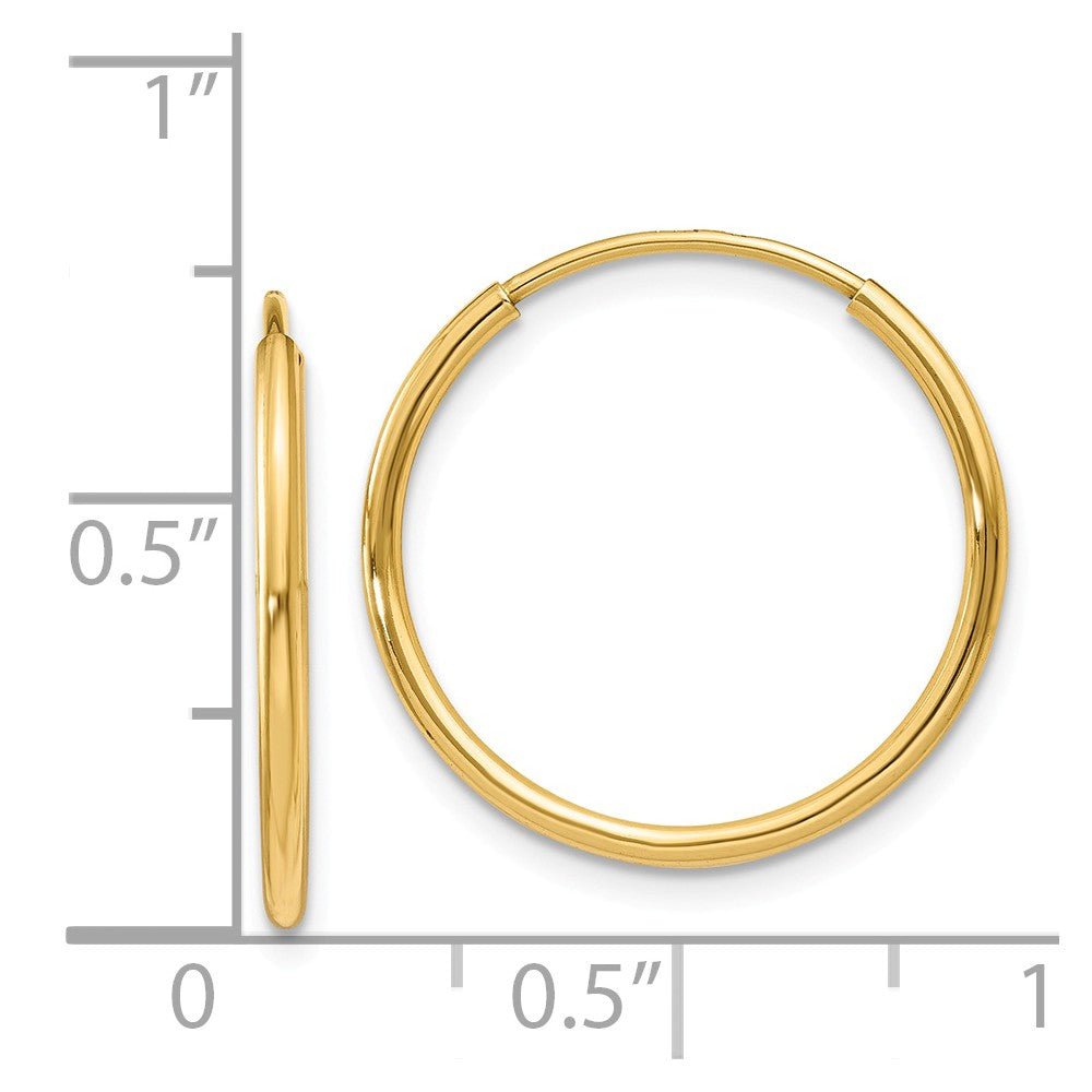 Alternate view of the 1.25mm, 14k Yellow Gold Endless Hoop Earrings, 18mm (11/16 Inch) by The Black Bow Jewelry Co.