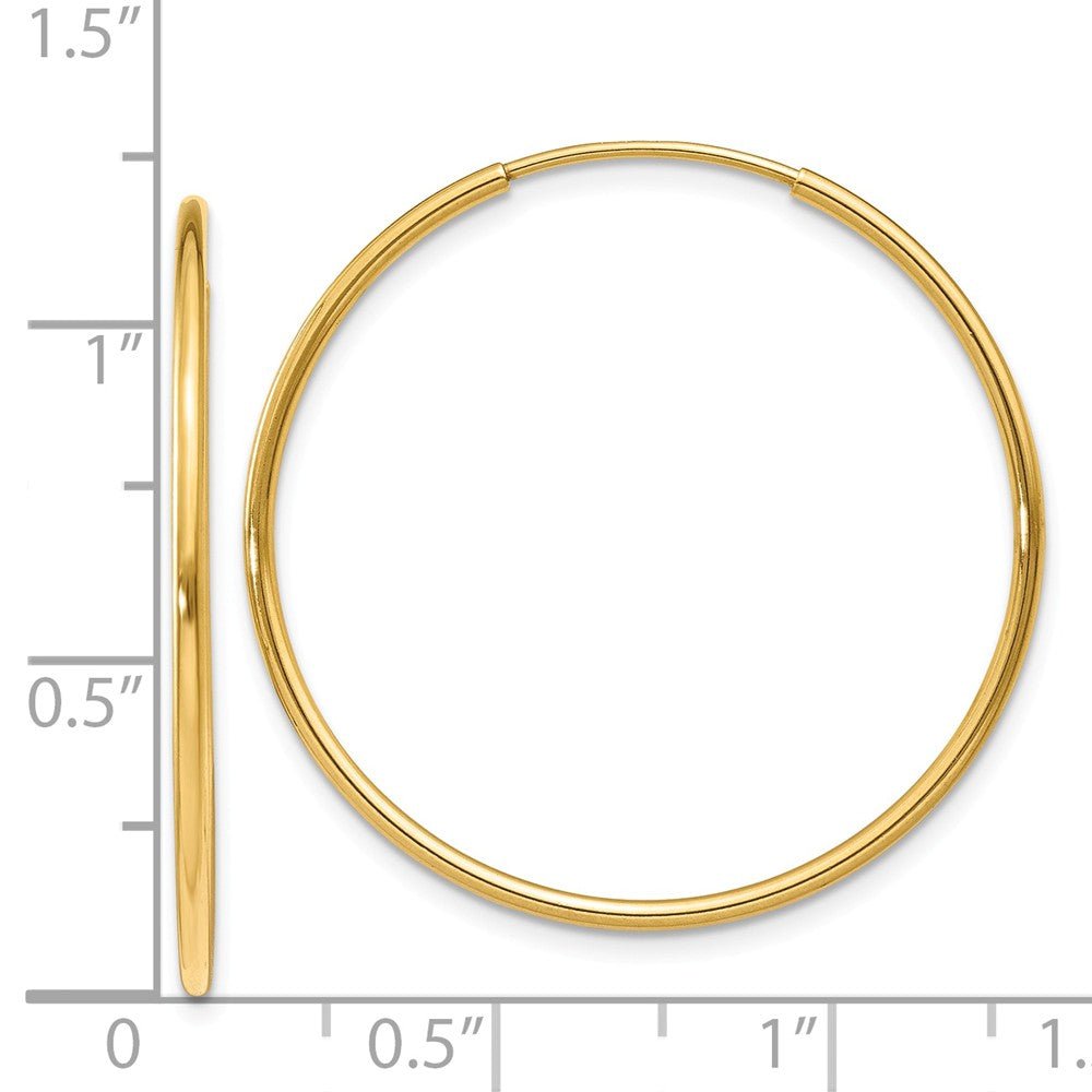 Alternate view of the 1.25mm, 14k Yellow Gold Endless Hoop Earrings, 28mm (1 1/10 Inch) by The Black Bow Jewelry Co.
