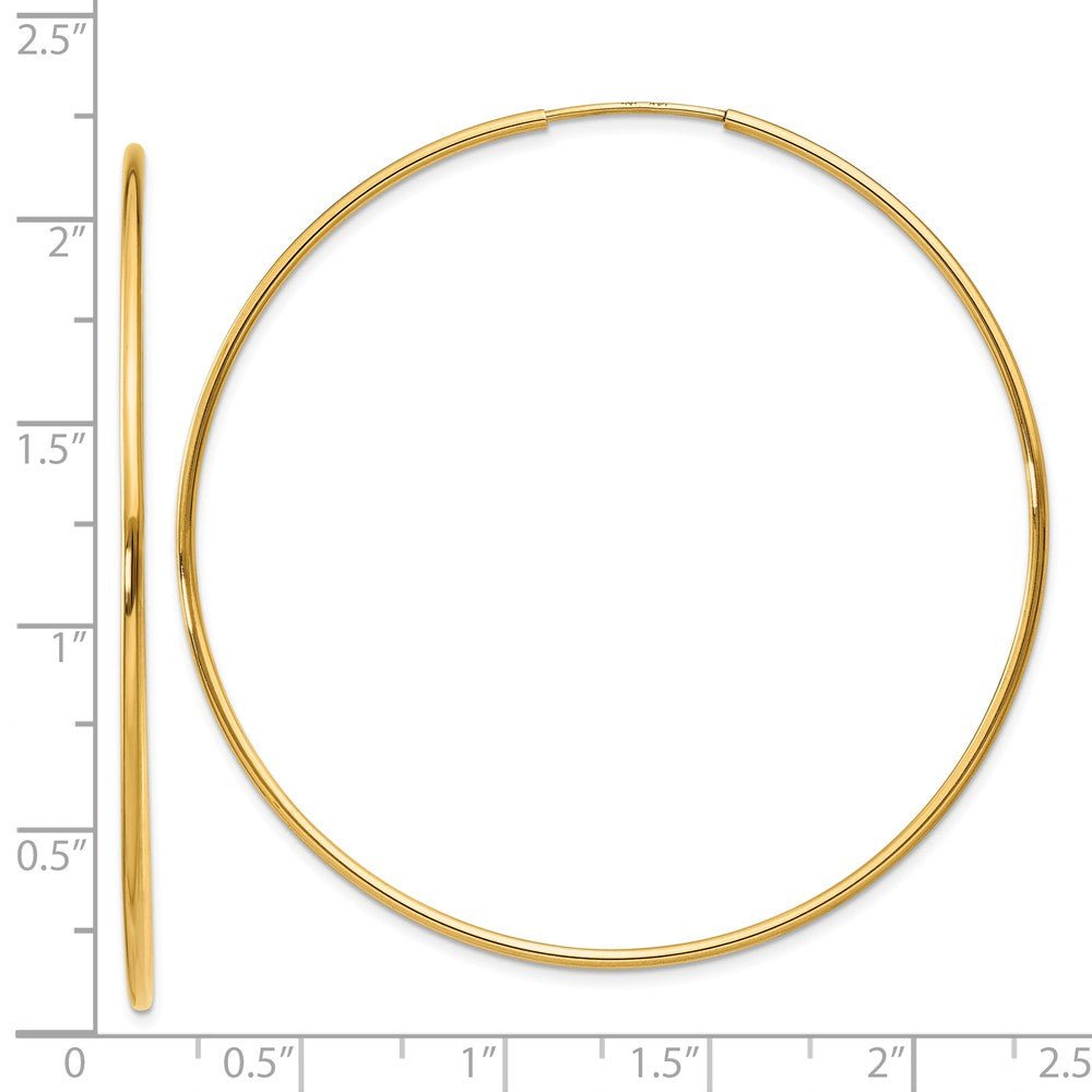 Alternate view of the 1.25mm, 14k Yellow Gold Endless Hoop Earrings, 54mm (2 1/8 Inch) by The Black Bow Jewelry Co.