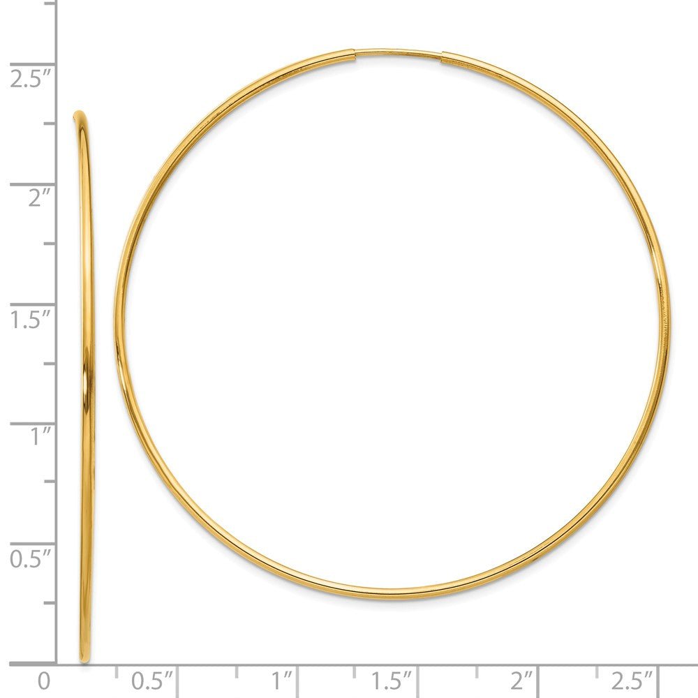 Alternate view of the 1.25mm, 14k Yellow Gold Endless Hoop Earrings, 60mm (2 3/8 Inch) by The Black Bow Jewelry Co.