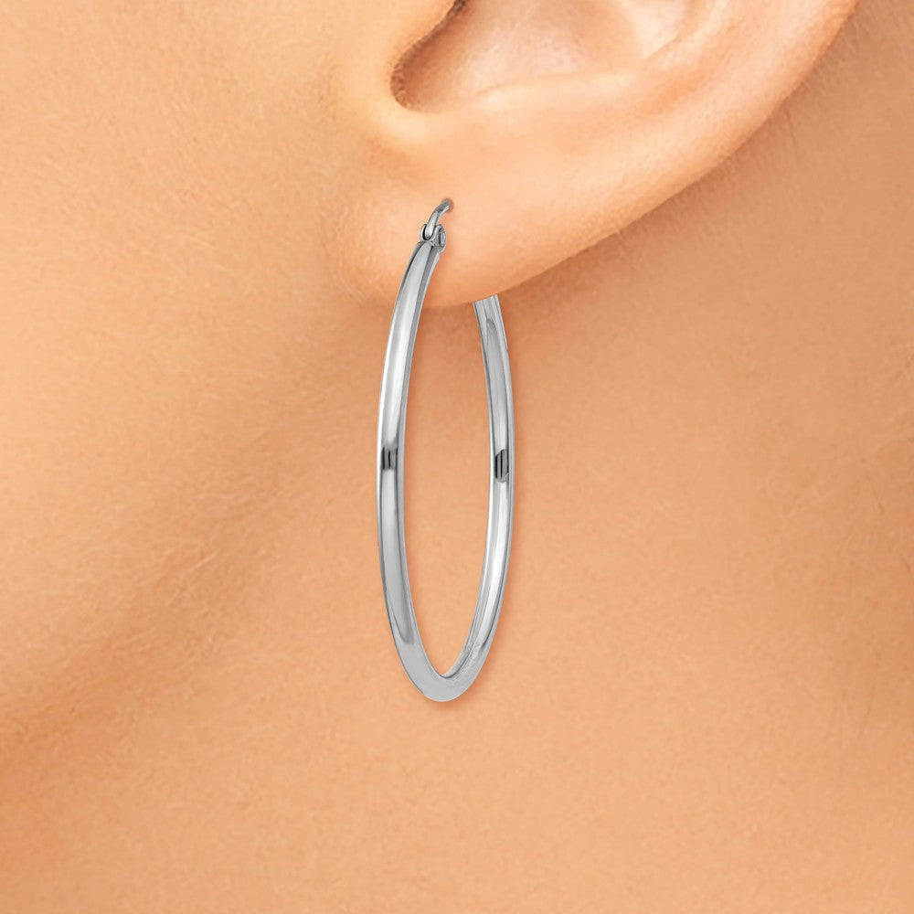 Alternate view of the 2mm, 14k White Gold Classic Round Hoop Earrings, 35mm (1 3/8 Inch) by The Black Bow Jewelry Co.