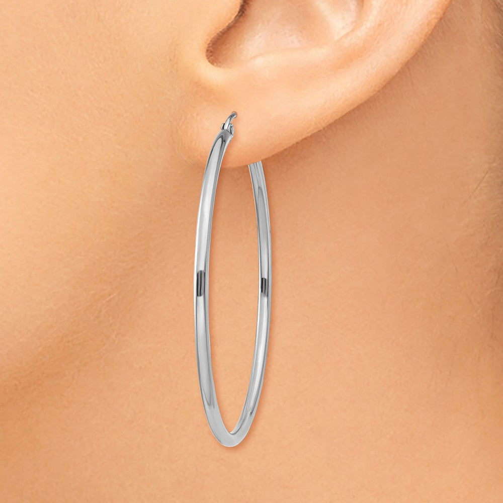 Alternate view of the 2mm, 14k White Gold Classic Round Hoop Earrings, 45mm (1 3/4 Inch) by The Black Bow Jewelry Co.