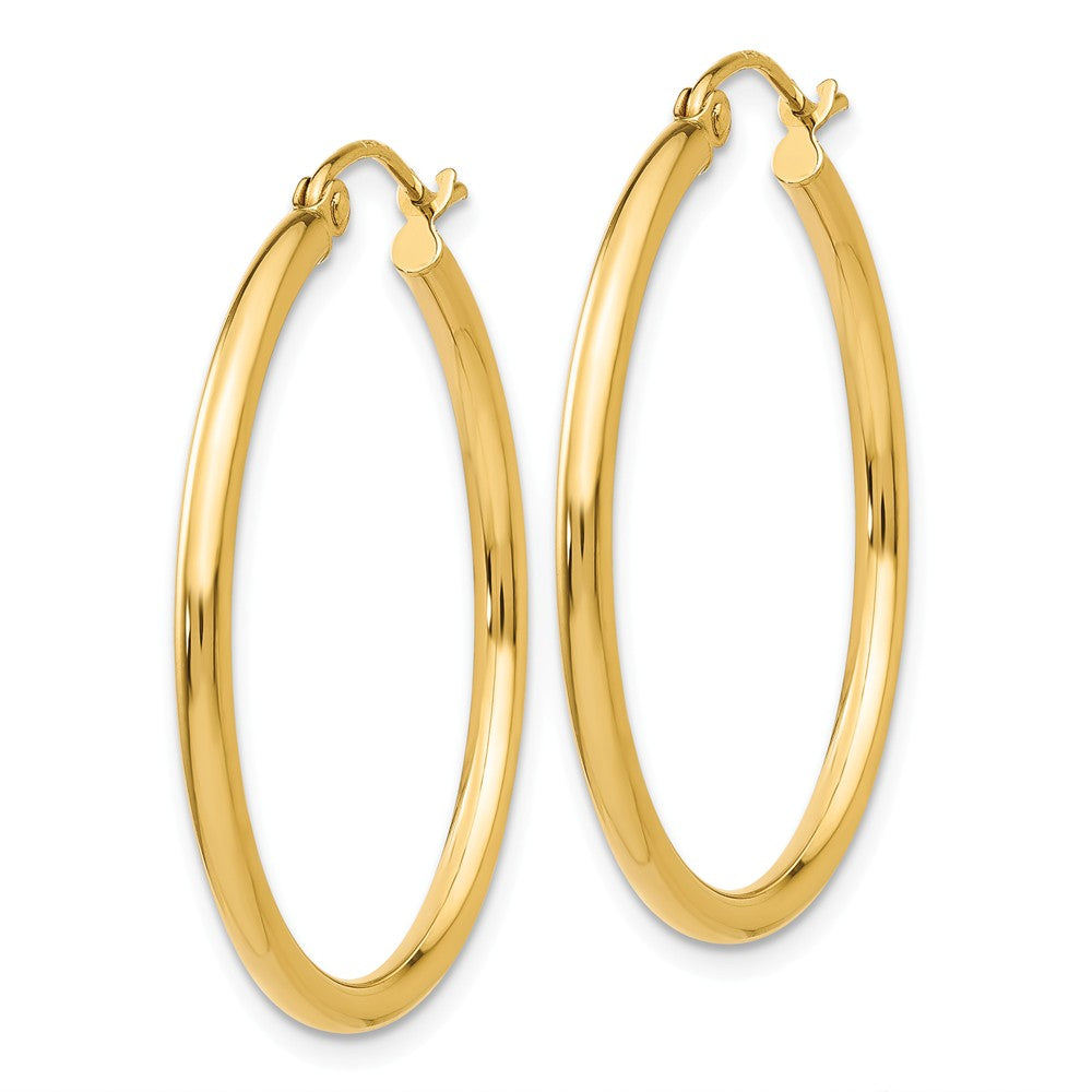 Alternate view of the 2mm, 14k Yellow Gold Classic Round Hoop Earrings, 30mm (1 1/8 Inch) by The Black Bow Jewelry Co.