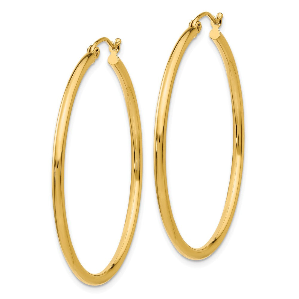 Alternate view of the 2mm, 14k Yellow Gold Classic Round Hoop Earrings, 40mm (1 1/2 Inch) by The Black Bow Jewelry Co.