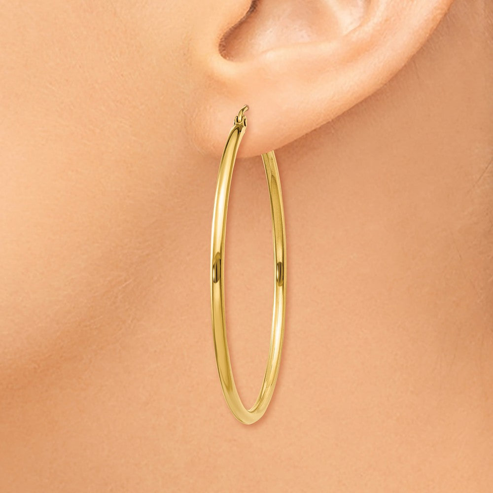 Alternate view of the 2mm, 14k Yellow Gold Classic Round Hoop Earrings, 45mm (1 3/4 Inch) by The Black Bow Jewelry Co.