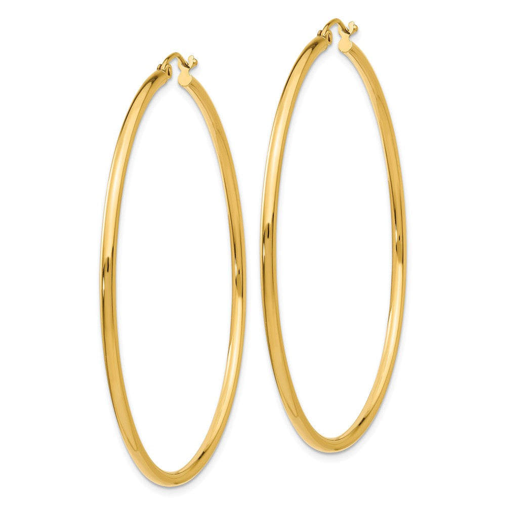 Alternate view of the 2mm, 14k Yellow Gold Classic Round Hoop Earrings, 55mm (2 1/8 Inch) by The Black Bow Jewelry Co.