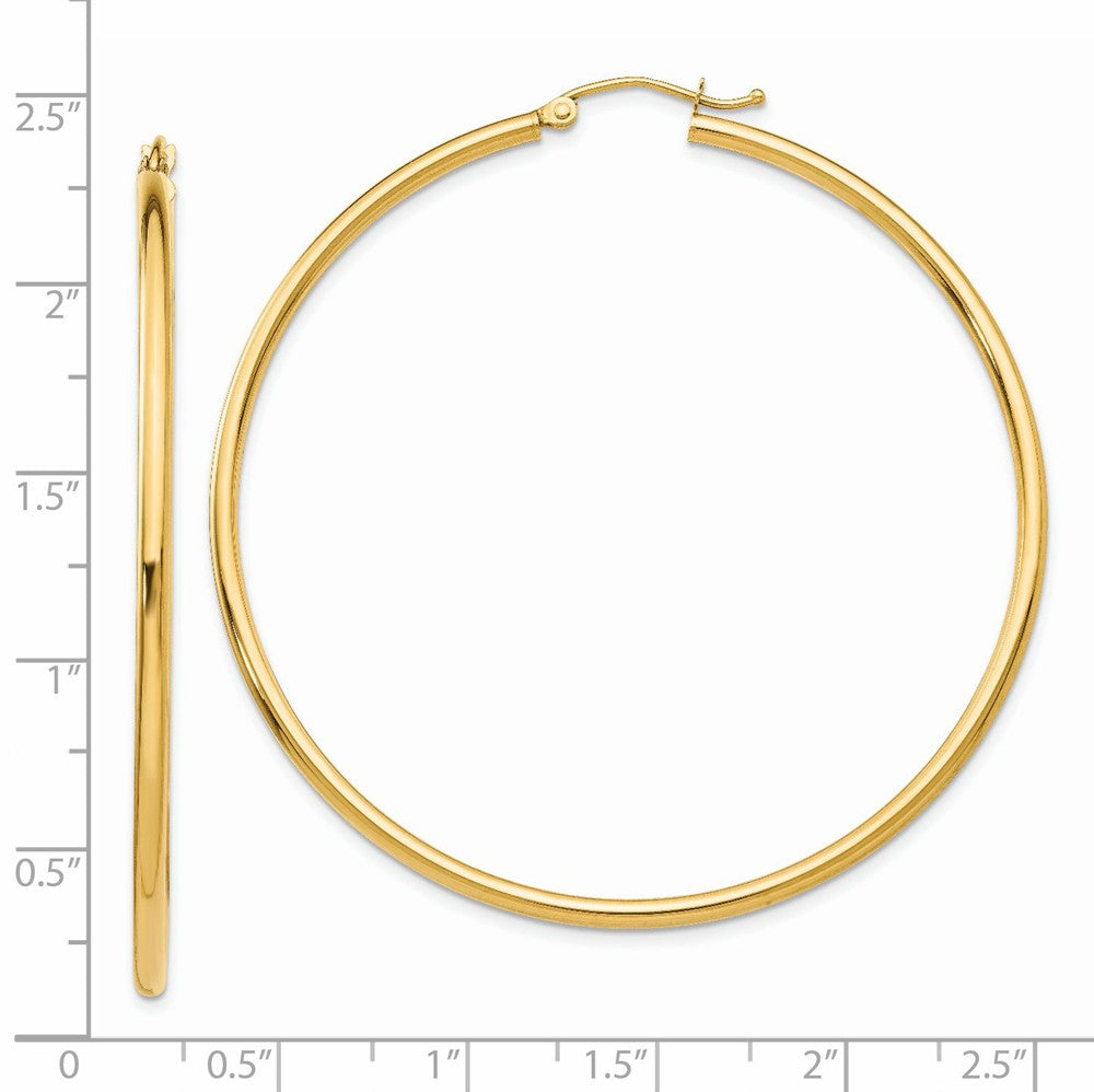 Alternate view of the 2mm, 14k Yellow Gold Classic Round Hoop Earrings, 55mm (2 1/8 Inch) by The Black Bow Jewelry Co.