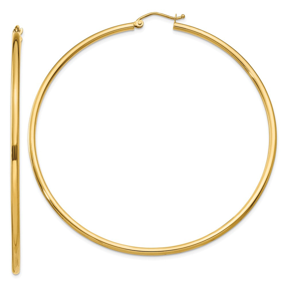 2mm, 14k Yellow Gold Classic Round Hoop Earrings, 65mm (2 1/2 Inch), Item E9389-65 by The Black Bow Jewelry Co.