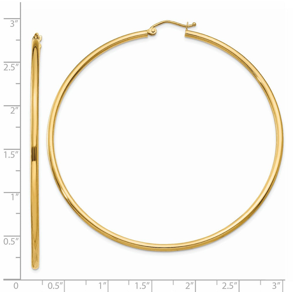 Alternate view of the 2mm, 14k Yellow Gold Classic Round Hoop Earrings, 65mm (2 1/2 Inch) by The Black Bow Jewelry Co.