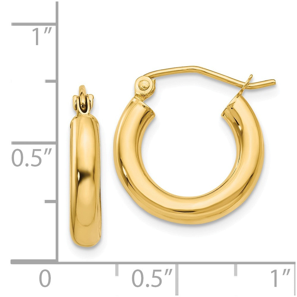Alternate view of the 3mm, 14k Yellow Gold Classic Round Hoop Earrings, 15mm (9/16 Inch) by The Black Bow Jewelry Co.