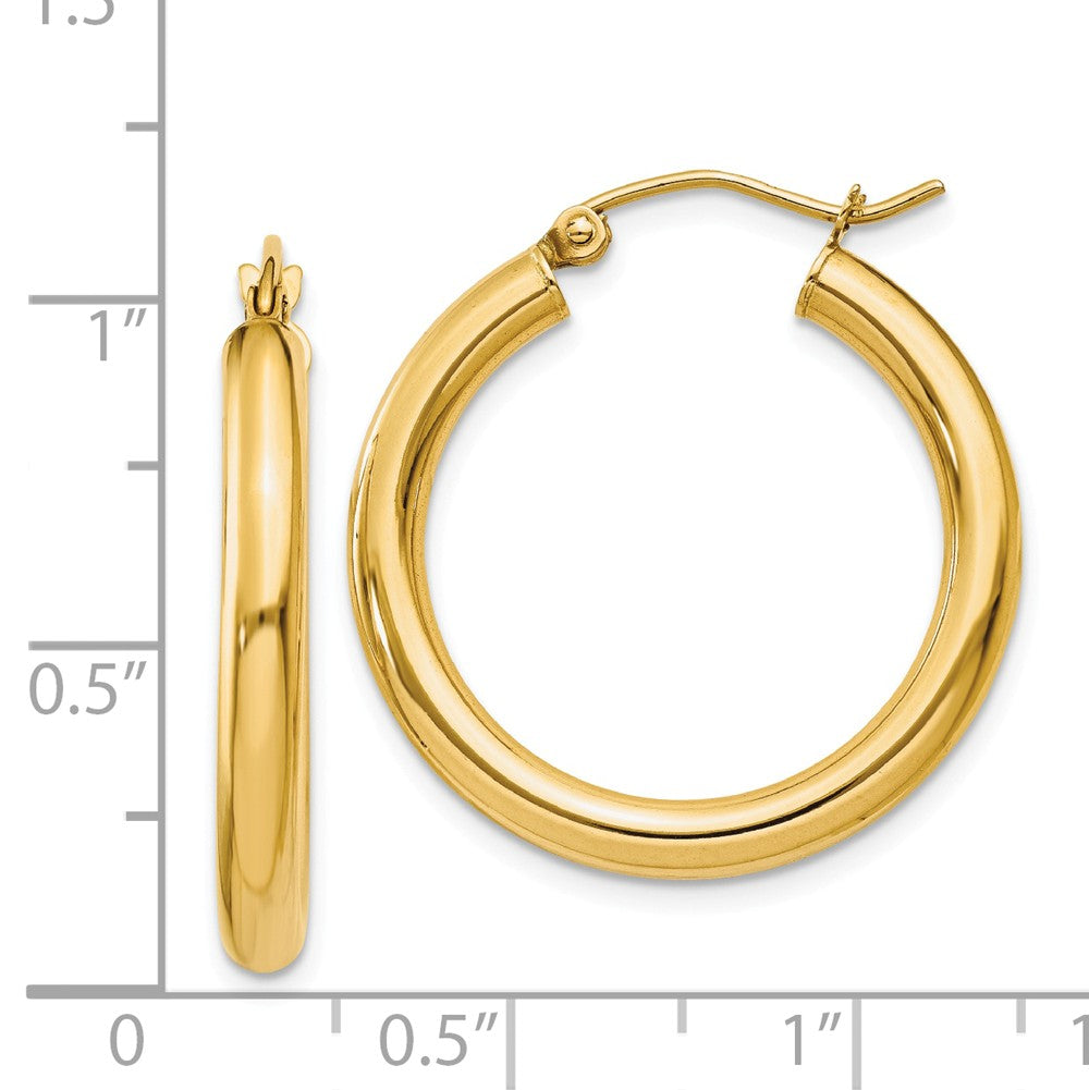 Alternate view of the 3mm, 14k Yellow Gold Classic Round Hoop Earrings, 25mm (1 Inch) by The Black Bow Jewelry Co.