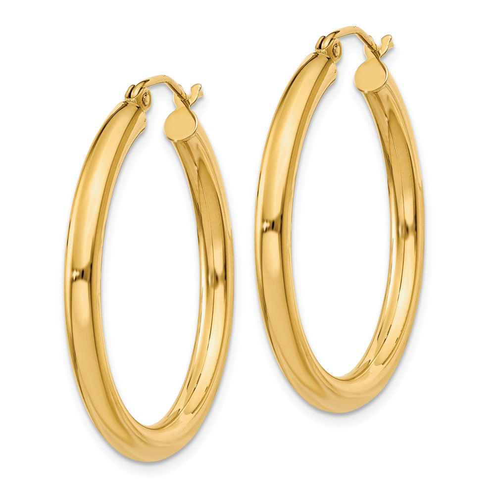 Alternate view of the 3mm, 14k Yellow Gold Classic Round Hoop Earrings, 30mm (1 1/8 Inch) by The Black Bow Jewelry Co.